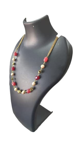 Red and Gold Beaded Necklace with Pearl Accents
