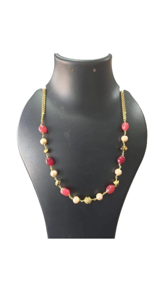 Red and Gold Beaded Necklace with Pearl Accents view 3