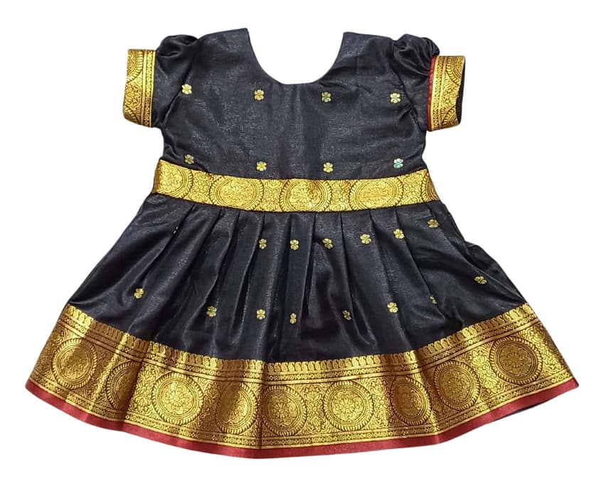 Traditional Black Satin Frock for Baby Girls with Golden Embroidery