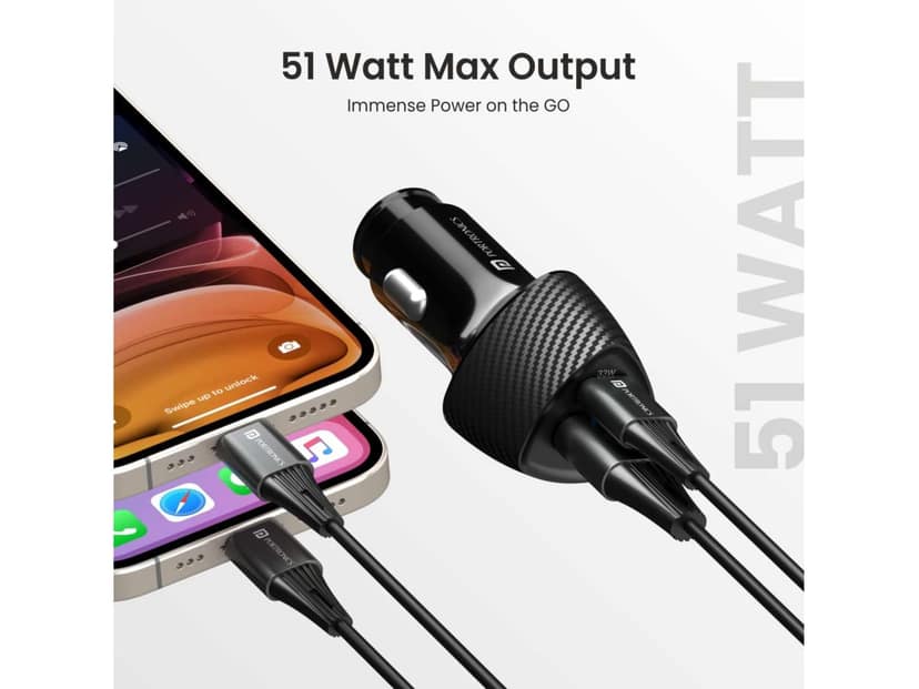 Portronics Car Power 16 Fast Car Charger with Dual Output, 51 Watts Total (18W USB + 33W Type C PD), Fast Charging, Adapter for iPhone & Android Smartphones and Tablets view 2