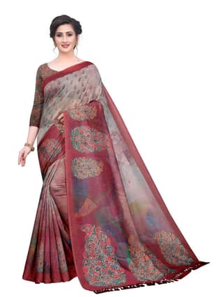Silk Zone Women's Cotton Blend Digital Printed Grey Saree With Unstitched Blouse Piece