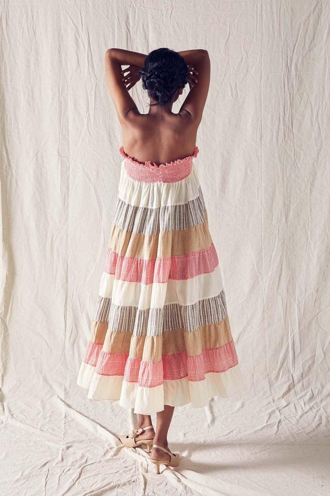Pieced Smock Dress/Skirt In Red And Off White Checks Cotton Khadi Mulmul And Organic Cotton view 2