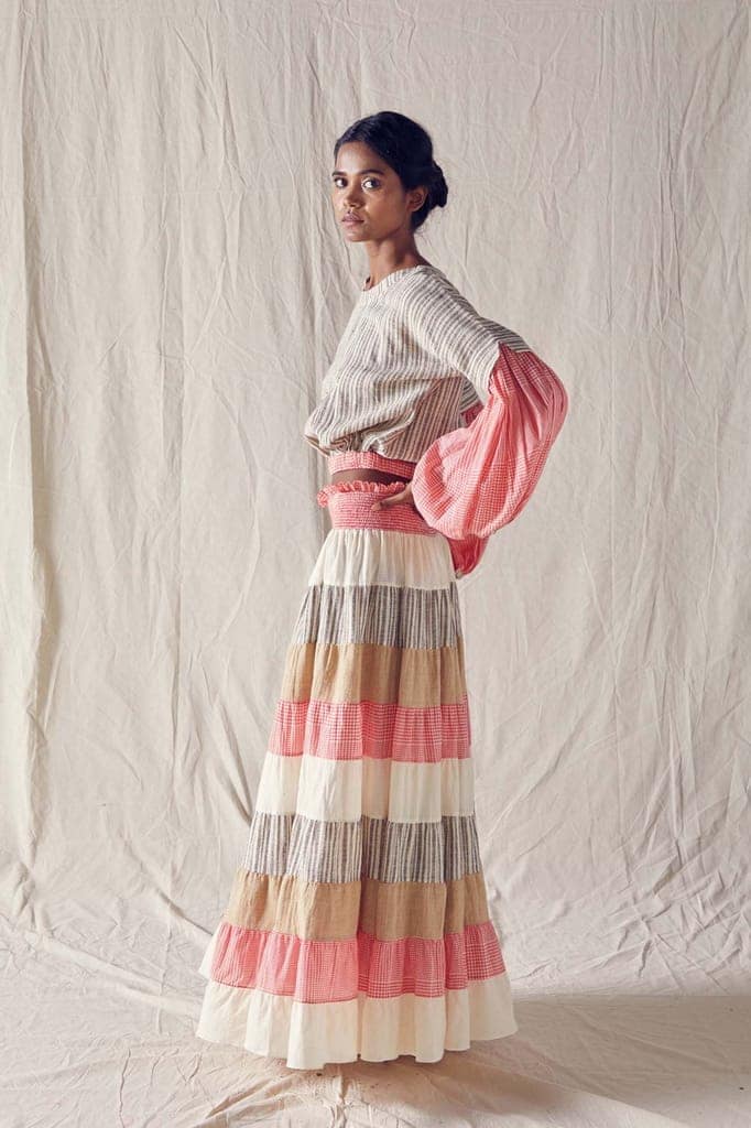 Pieced Smock Dress/Skirt In Red And Off White Checks Cotton Khadi Mulmul And Organic Cotton view 4