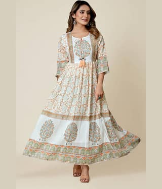SARRAS Cotton Printed Flared Women's Kurti - White ( Pack of 1 )