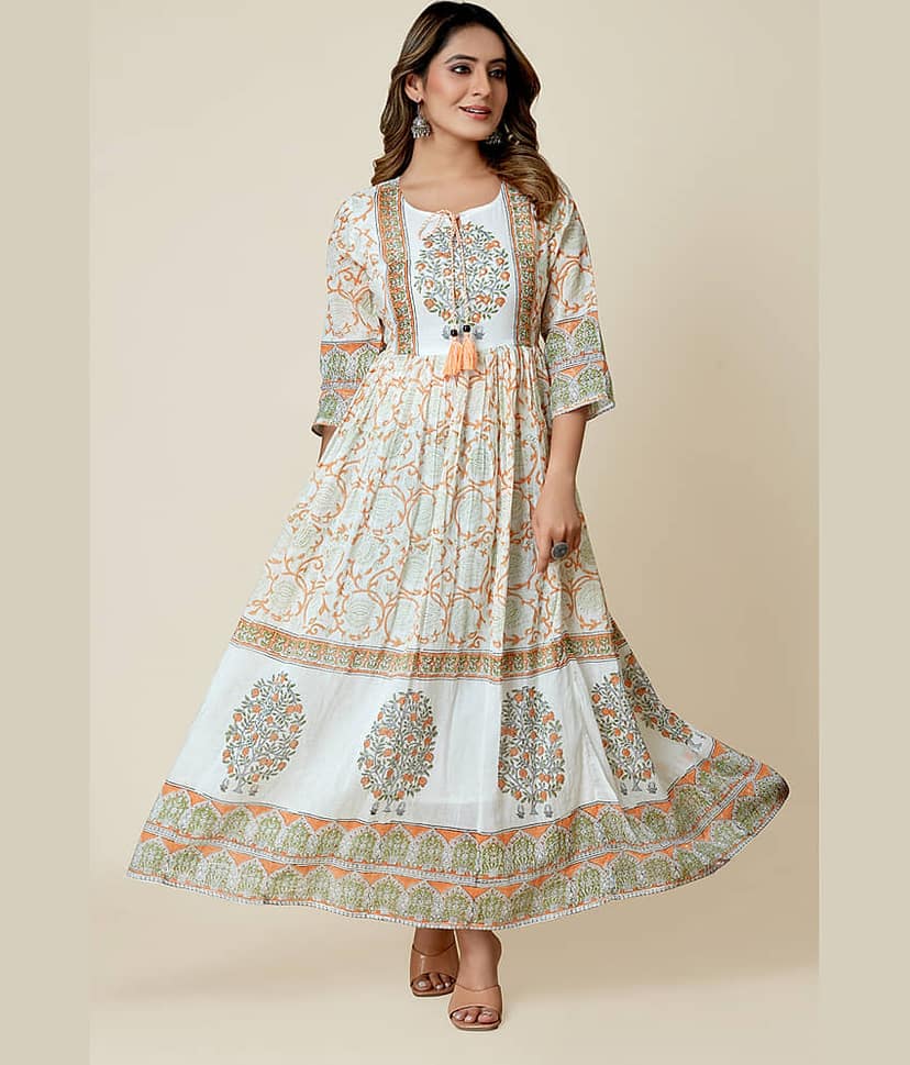 SARRAS Cotton Printed Flared Women's Kurti - White ( Pack of 1 )