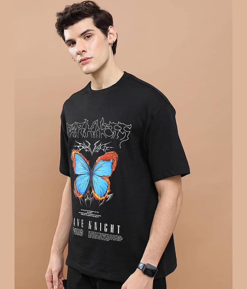 Highlander Men Polyester Oversized Fit Printed T-Shirt ( Black )