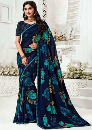 Blue Color Floral Print Georgette Saree With Border And Blouse Piece