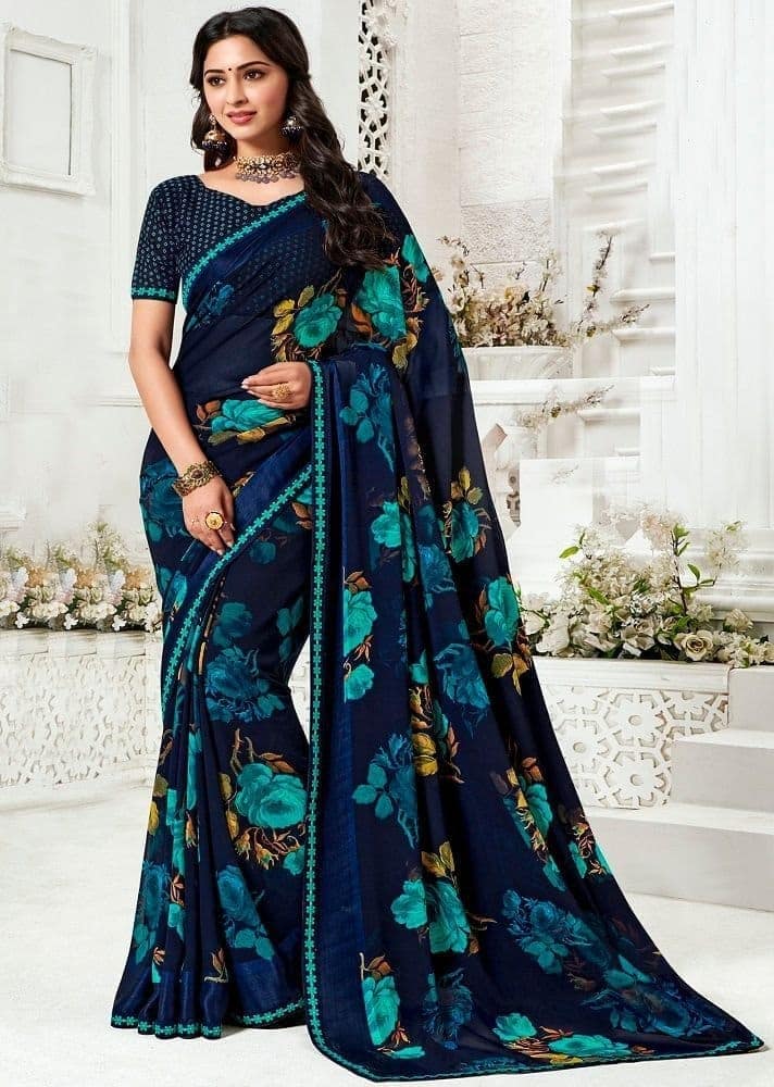 Blue Color Floral Print Georgette Saree With Border And Blouse Piece