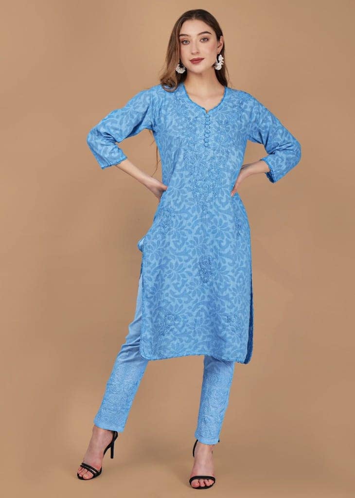 Braso Cotton Hand Embroidered Chikankari Kurta With Trouser view 3
