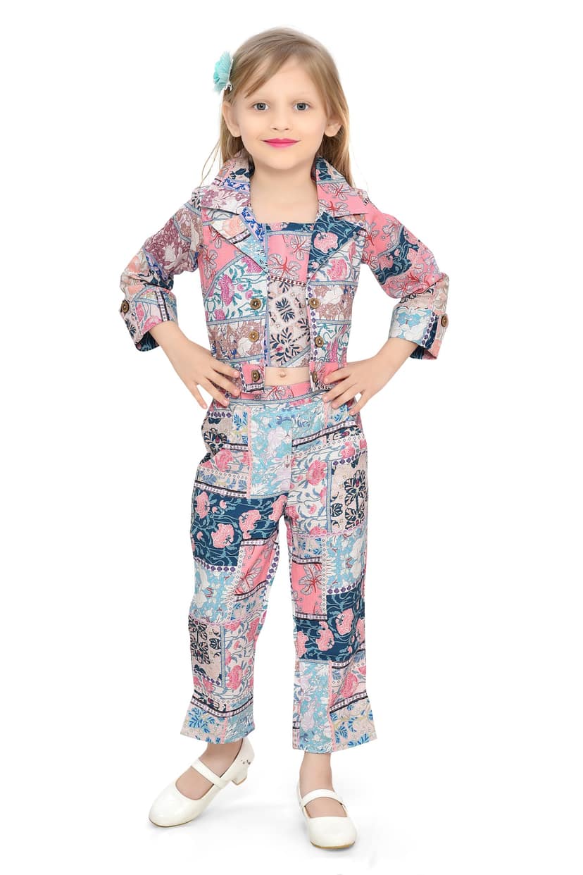 Be:Kids Girls' Eclectic Patchwork Floral and Geometric Print Jacket and Pants Co-ord Set