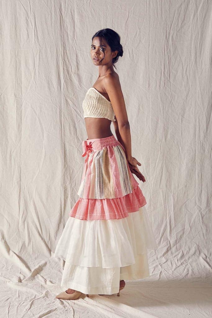 Maxi Tiered Skirt In Red Checks And Off White Cotton Khadi Mulmul And Silk Organza With Bow Tie view 2