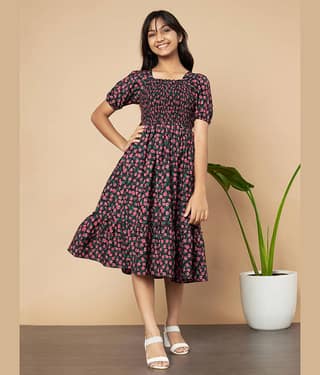 ZWERLON Rayon Fit And Flare Dress For Girls ( Pack of 1 , Orange )