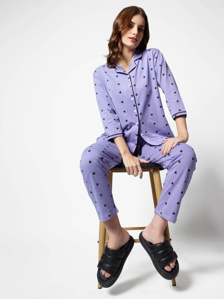 Zeyo Women Green Heart print Stylish Night suit set
