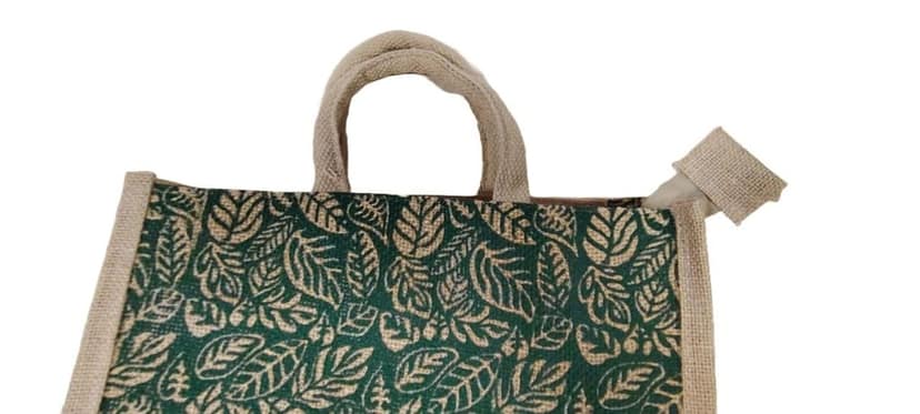 Jute tote bag with green leaf print view 2