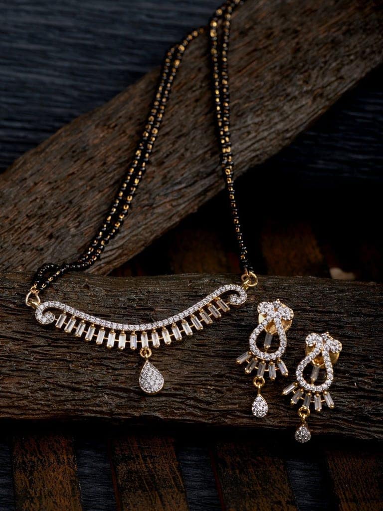 Gold Plated Black & White AD Studded & Beaded Mangalsutra Earrings view 3