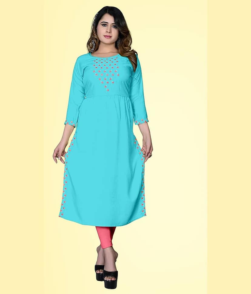 haya fashion - Light Blue Rayon Women's A-line Kurti ( Pack of 1 )