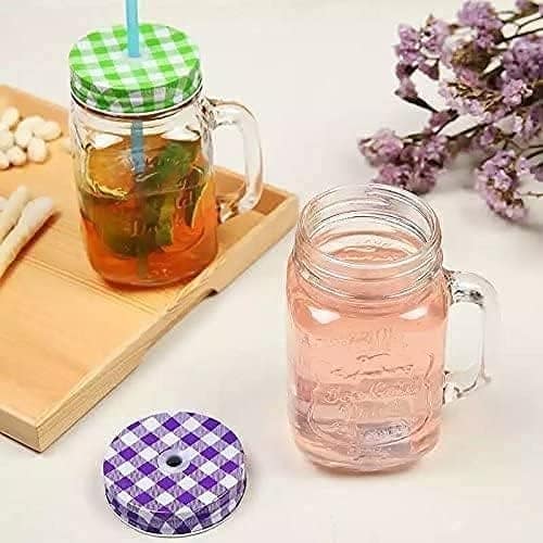 Glass Mason Jar With Air Tight Lid & Straw, 450 ML,Set Of 2,Handle Mason Mug Jars For Drinks Beverages Fruit,Juice,Coco, Milk,Water,Smoothie,Re-Usable Straw, Ideal for Gym,Office Home, Travel,College view 2