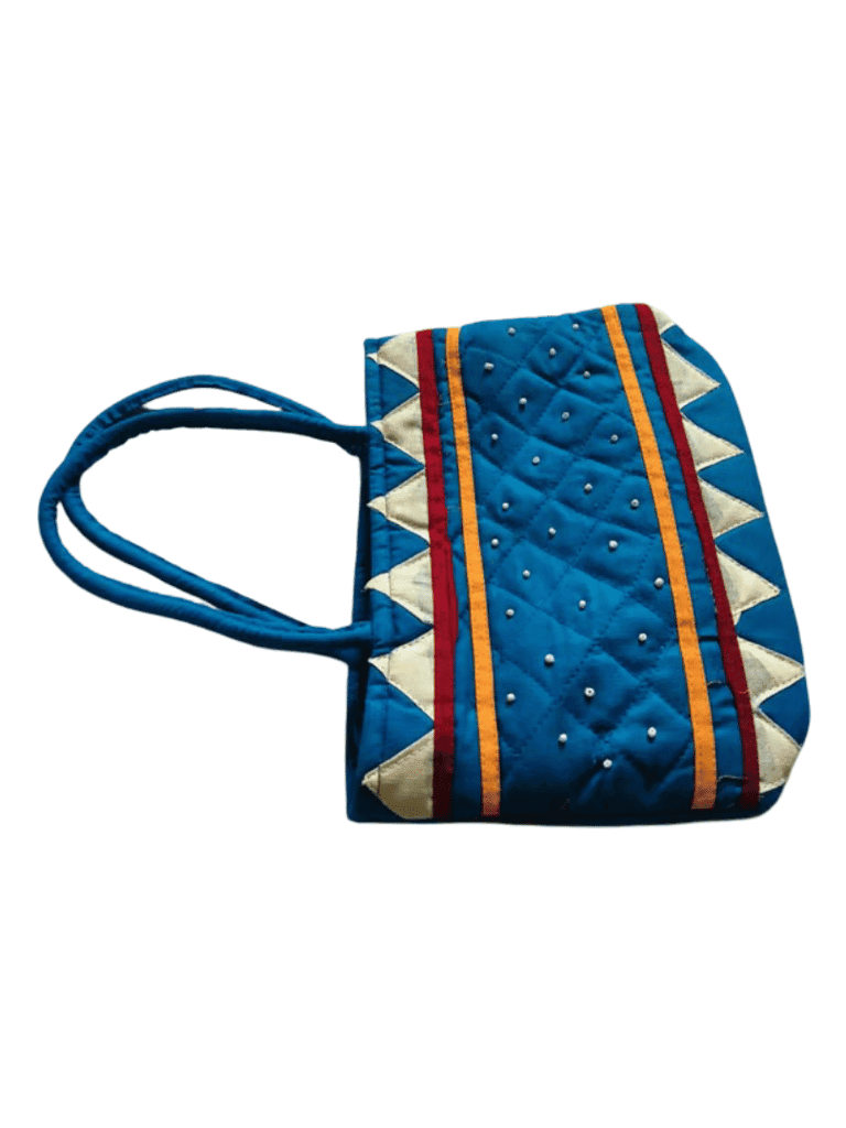 Handmade Beaded Blue Cotton Tote Bag view 2