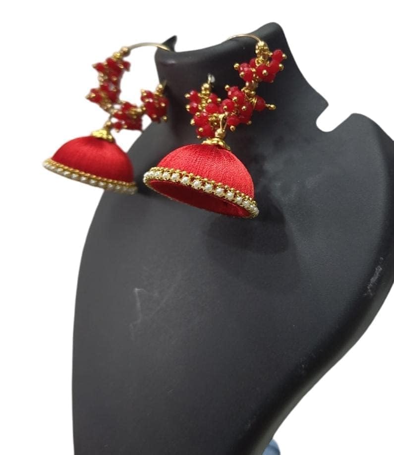 Red Silk Thread Jhumka Earrings with Kundan and Pearl Detailing view 3