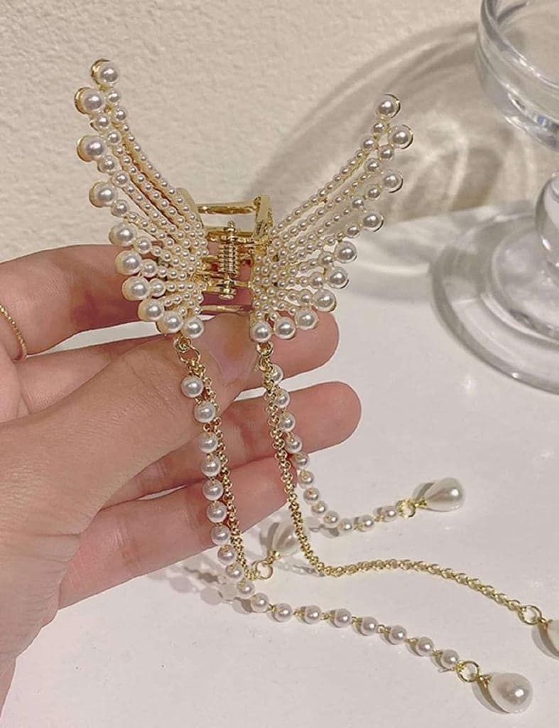Blubby Premium White Butterfly Metal Hair Claw Clip for Women & Girls | Elegant Pearl Tassel Hair Clutcher | Strong Hold Fashion Hair Accessory view 3