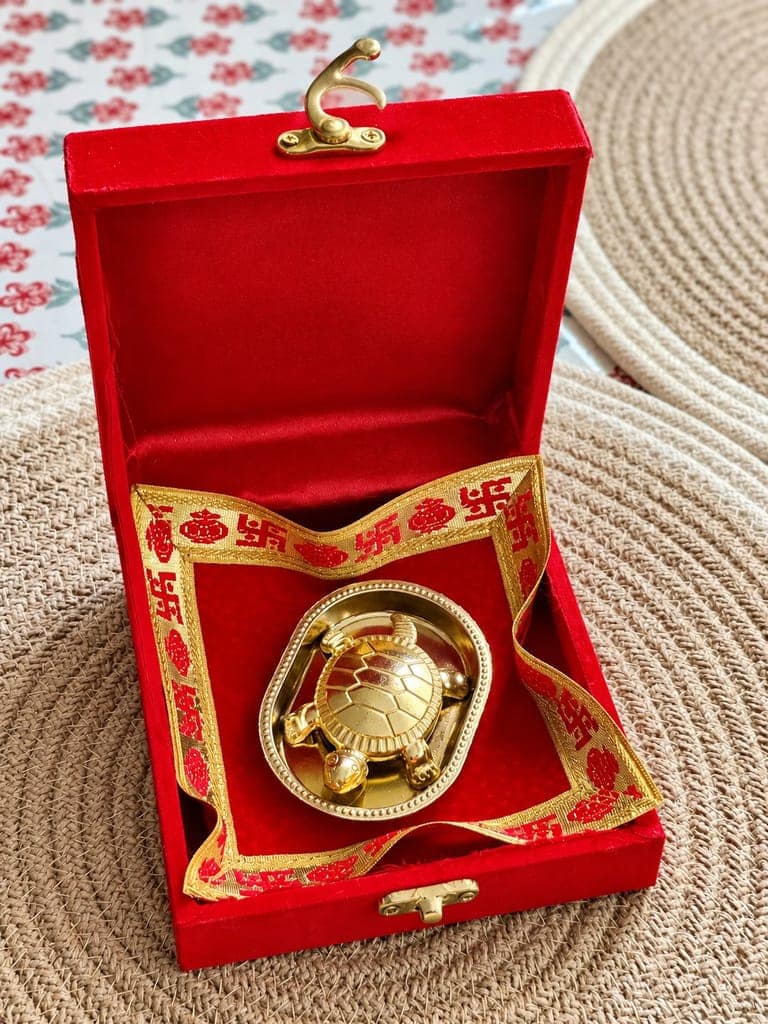 Vastu Tortoise Kachua & Plate Set (Brass) with with premium asan & Gift Box view 2