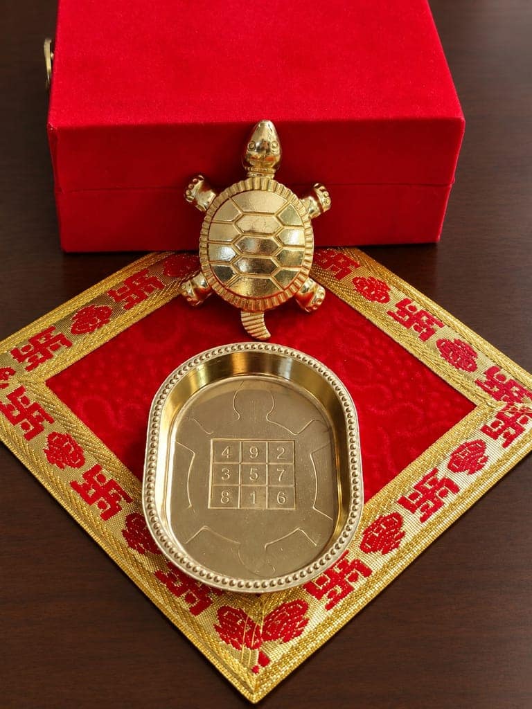 Vastu Tortoise Kachua & Plate Set (Brass) with with premium asan & Gift Box view 4