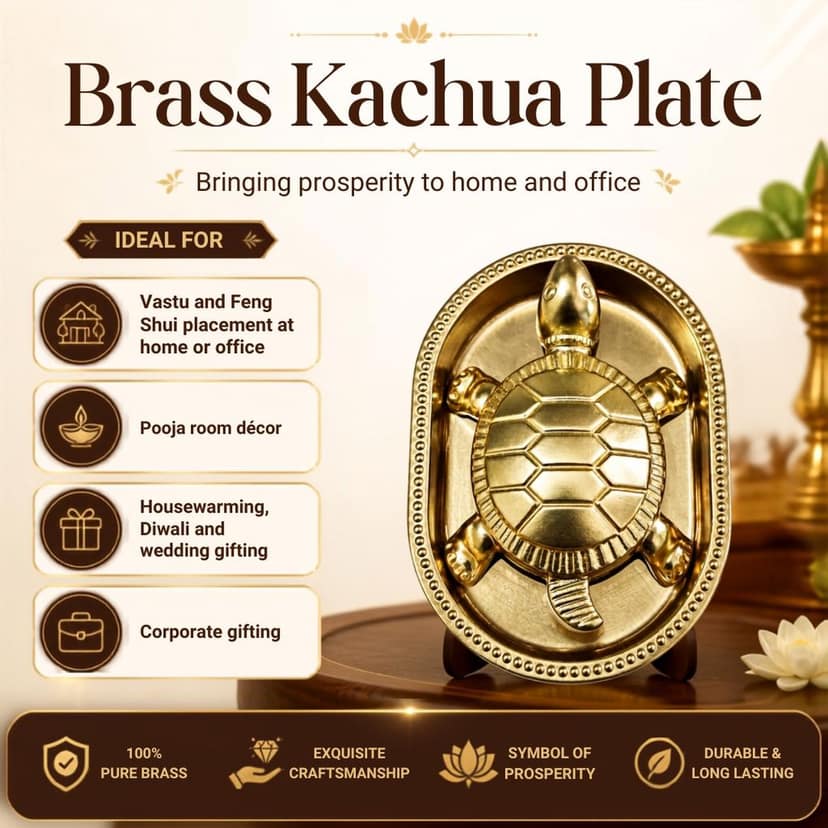 Vastu Tortoise Kachua & Plate Set (Brass) with with premium asan & Gift Box view 5