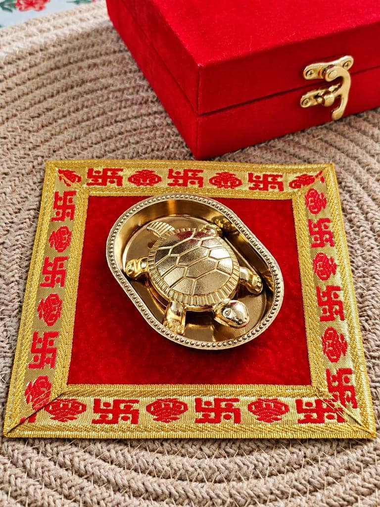 Vastu Tortoise Kachua & Plate Set (Brass) with with premium asan & Gift Box view 6