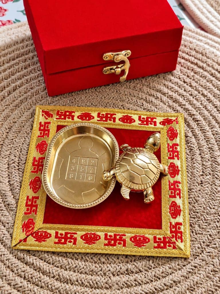 Vastu Tortoise Kachua & Plate Set (Brass) with with premium asan & Gift Box view 8