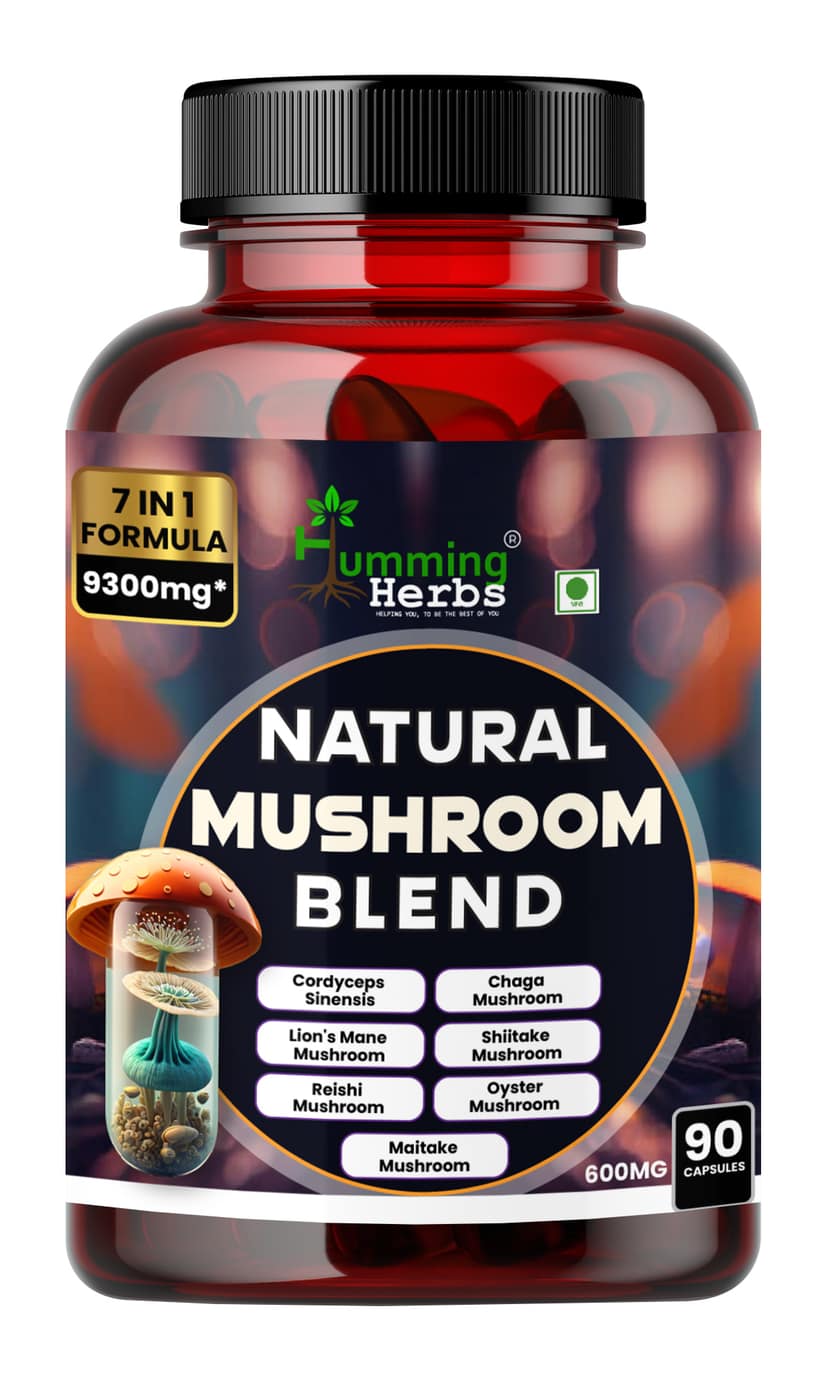 Humming Herbs Natural Mushroom Blend - 7-in-1 Immune Support Formula with Reishi, Chaga, Cordyceps Sinensis, Lion's Mane, Shiitake, Enoki, Oyster & Maitake Mushroom, 9300mg, 90 Capsules