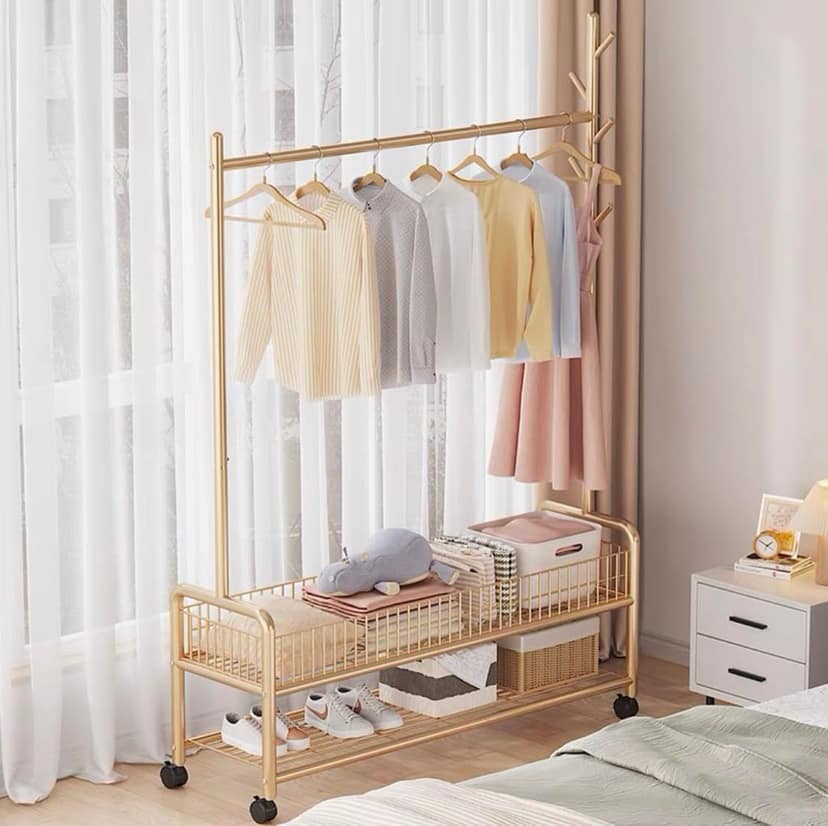 Gold Clothing Rack with 2 Tier Storage Shelves and Hanging Rod view 2