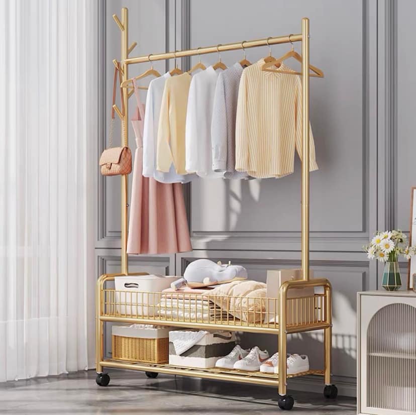 Gold Clothing Rack with 2 Tier Storage Shelves and Hanging Rod view 3