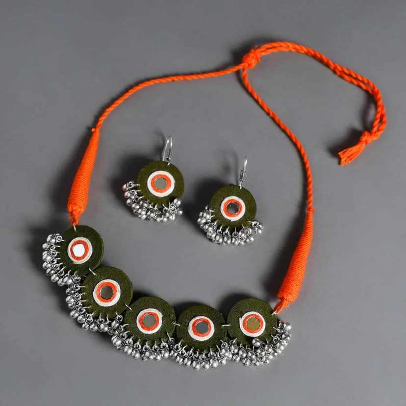 Multicolor Mirror Work German Silver Choker Set view 3