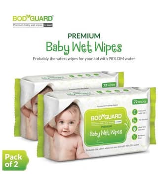 Bodyguard Baby Wet Wipes with Vitamin E & Aloe Vera, 72 Wipes/Pack (Pack of 2) | Alcohol Free | Paraben Free