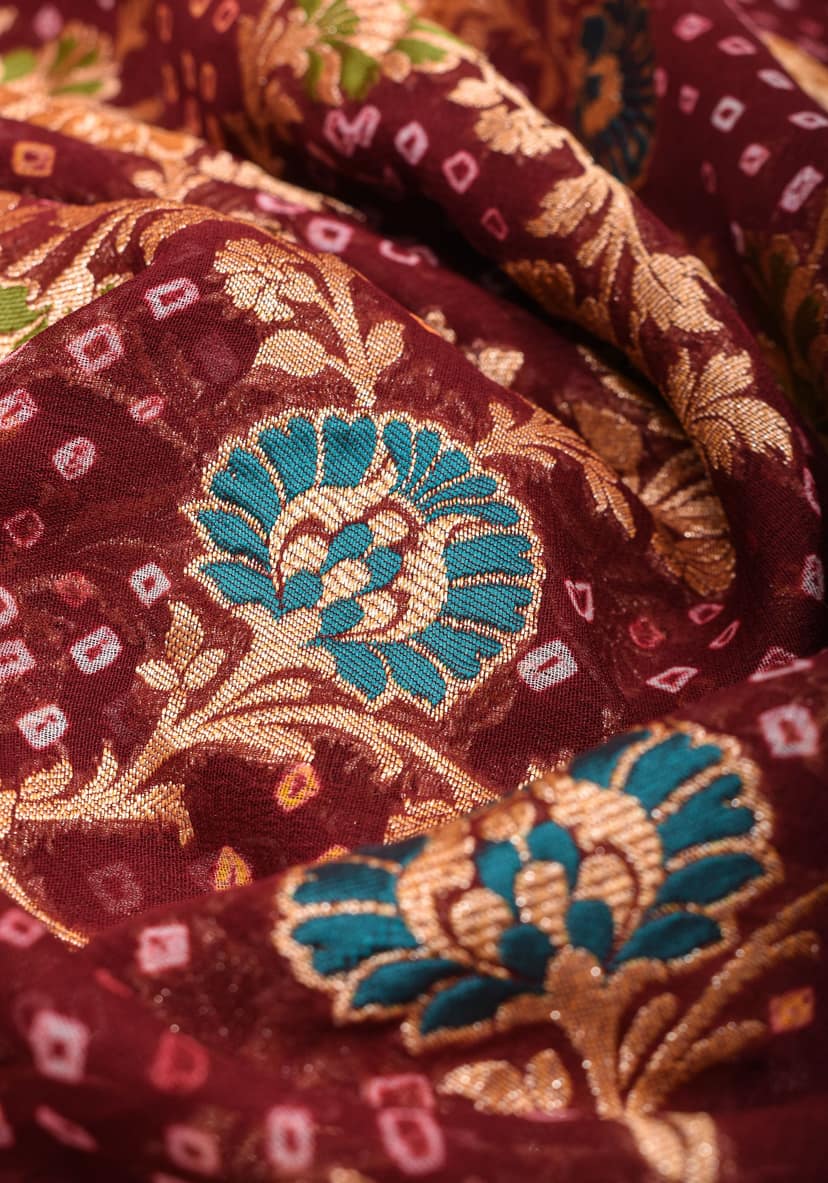 Maroon Meenakari Jaal Pure Georgette Banarasi Saree with Authentic Hand Bandhej | SILK MARK CERTIFIED view 4