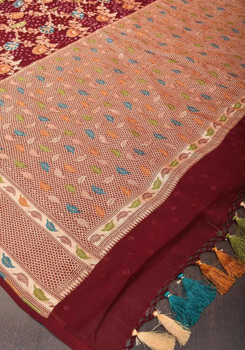 Maroon Meenakari Jaal Pure Georgette Banarasi Saree with Authentic Hand Bandhej | SILK MARK CERTIFIED view 6