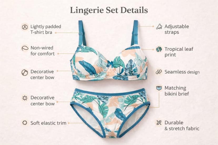 Women’s Tropical Print Lightly Padded T-Shirt Bra & Bikini Panty Set | Non-Wired Seamless Everyday Comfort Lingerie Set view 5