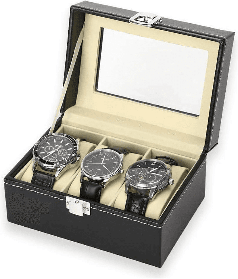 sakimo Premium 3-Slot Watch Box for Men & Women | PU Leather Watch Storage Case with Glass Display, Velvet Interior & Metal Lock