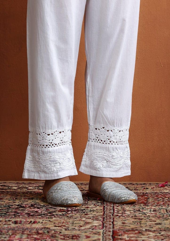 Cotton Chikankari Mukaish Solid Women's Pants With Lace - White view 2