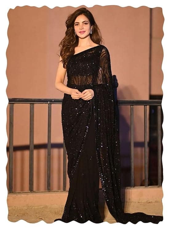 AKHILAM Women's Heavy Georgette Sequence Work Saree With Unstitched Blouse Piece view 3