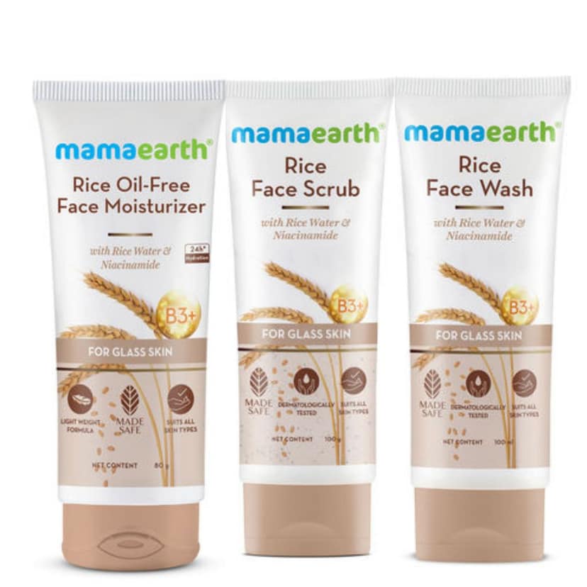 Mamaearth Rice Facewash(100 ml) + Moisturzer(80 gm) + Scrub (100 gm) Pack of 3