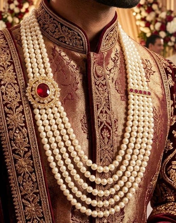 groom and party wear red stone white pearl necklace view 3