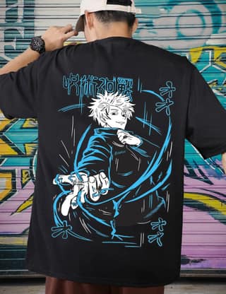 Scott Fincher Oversized Black T-shirt with a graphic of Satoru Gojo from the anime series Jujutsu Kaisen : AA(ARN)BLACK_130