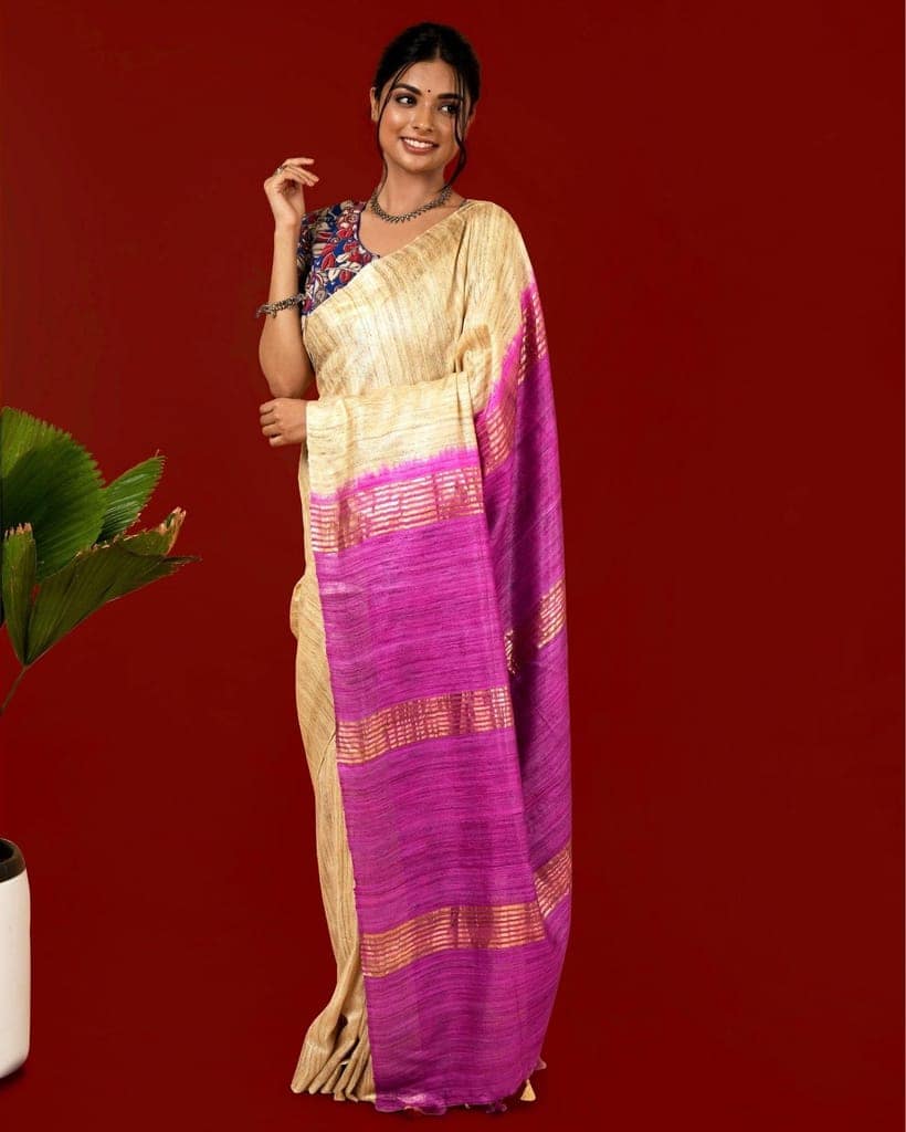 Silkmark Certified Gichcha Tussar Handloom Hand Dyed Biege Saree with Blouse-6907 view 2