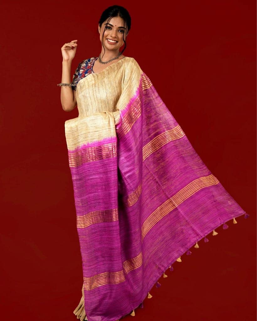 Silkmark Certified Gichcha Tussar Handloom Hand Dyed Biege Saree with Blouse-6907 view 3