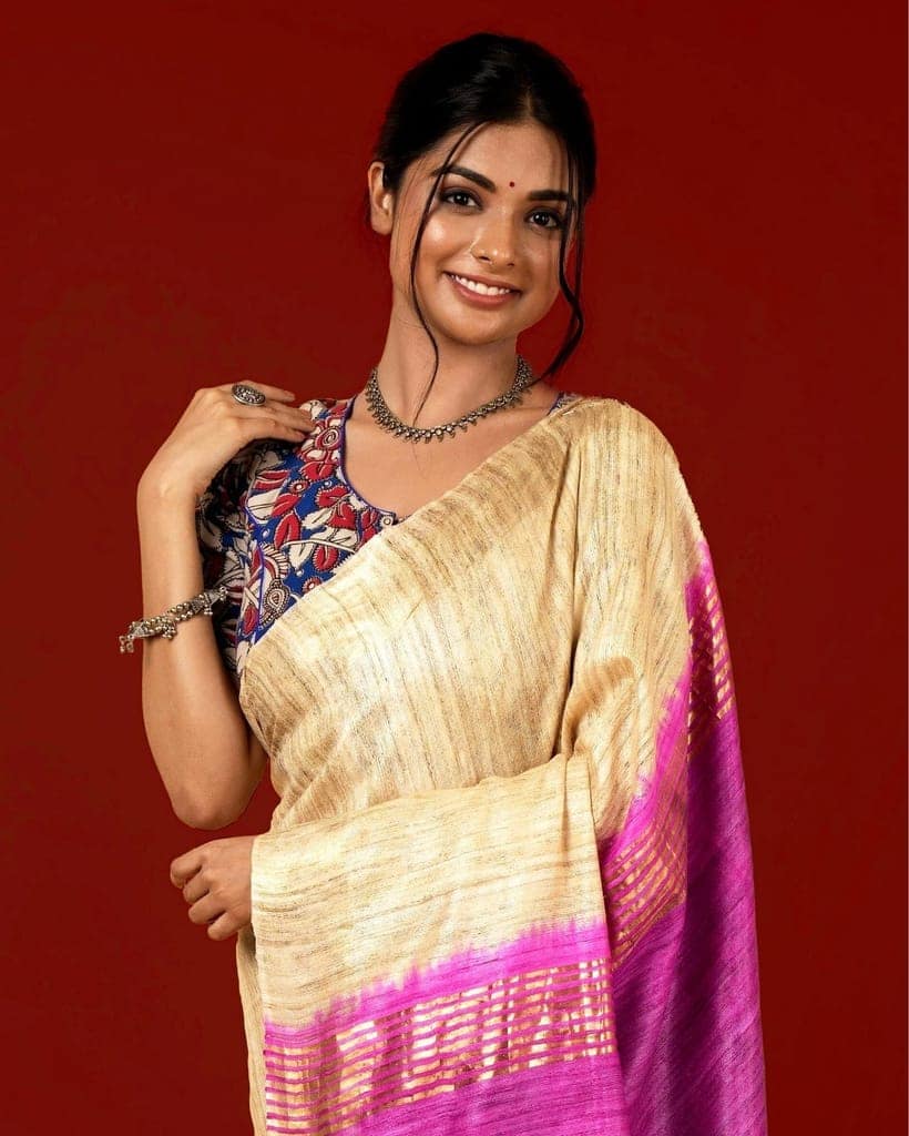 Silkmark Certified Gichcha Tussar Handloom Hand Dyed Biege Saree with Blouse-6907 view 4