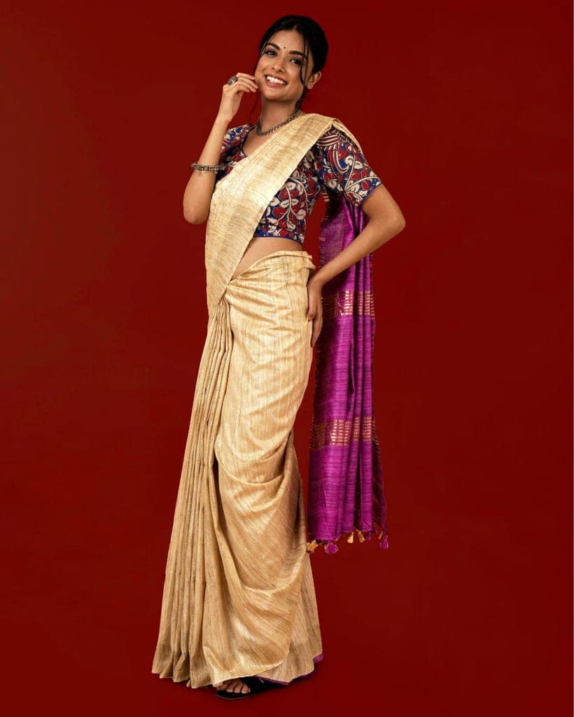 Silkmark Certified Gichcha Tussar Handloom Hand Dyed Biege Saree with Blouse-6907 view 5