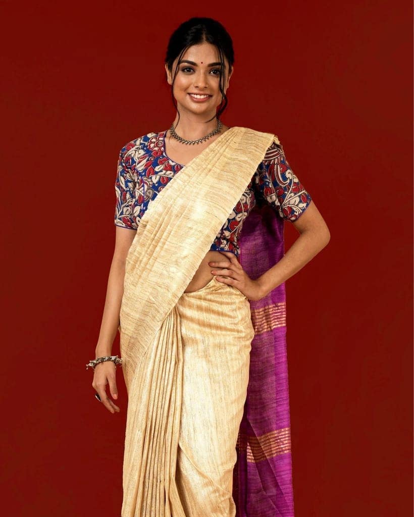 Silkmark Certified Gichcha Tussar Handloom Hand Dyed Biege Saree with Blouse-6907 view 6