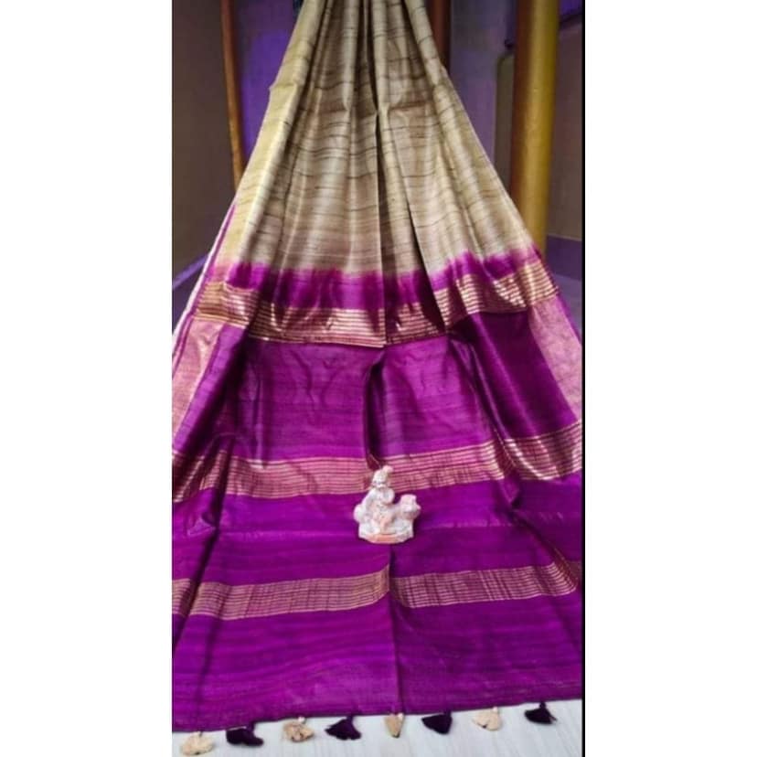 Silkmark Certified Gichcha Tussar Handloom Hand Dyed Biege Saree with Blouse-6907 view 7