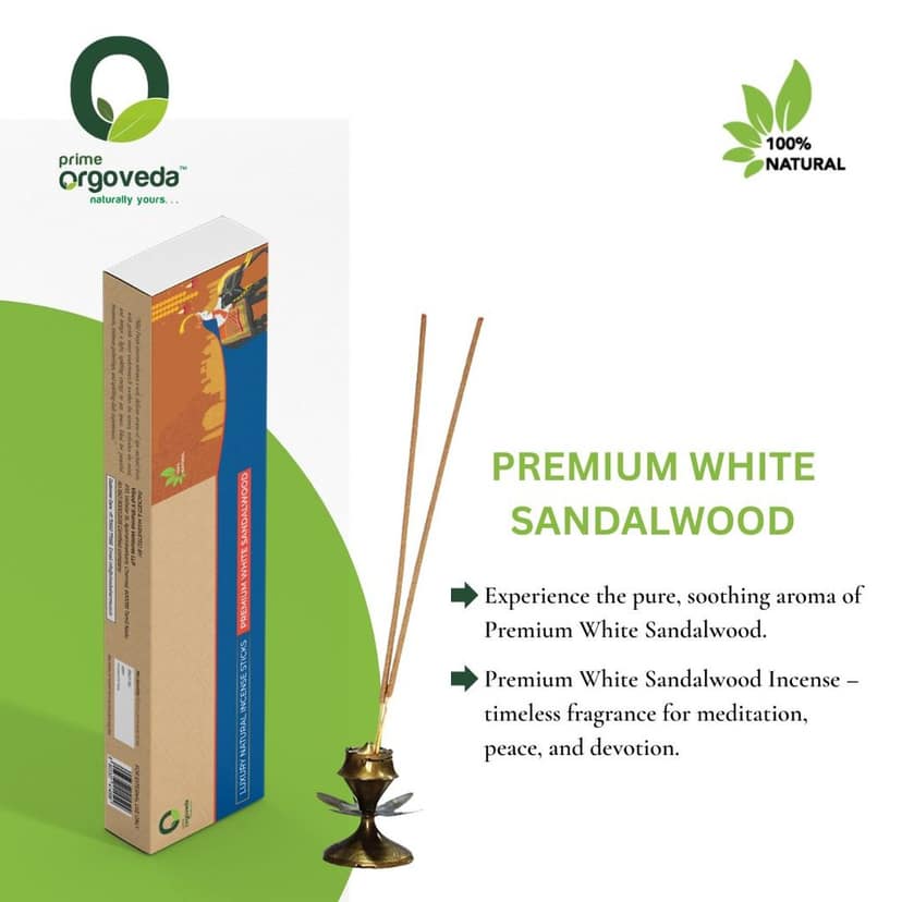 Prime Orgoveda Premium White Sandalwood Incense Sticks | 100% Natural Charcoal-Free Agarbatti | Long-Lasting Sandalwood Aroma for Prayer, Pooja & Meditation (Pack of 50 Sticks) view 2